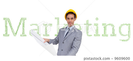 Composite image of serious architect with hard hat holding plans Composite image of serious architect with hard hat holding plans 9609600