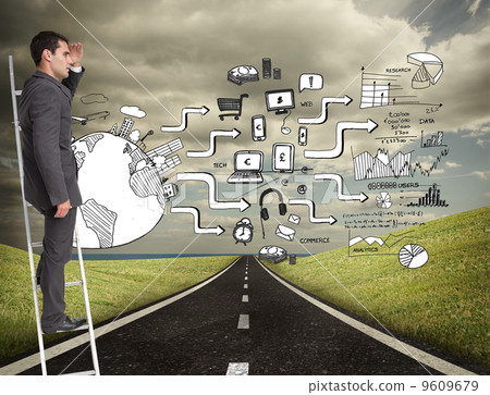 Composite image of businessman standing on ladder Composite image of businessman standing on ladder 9609679