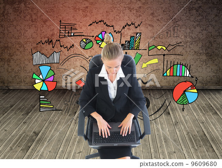 Composite image of businesswoman sitting on swivel chair with la Composite image of businesswoman sitting on swivel chair with la 9609680