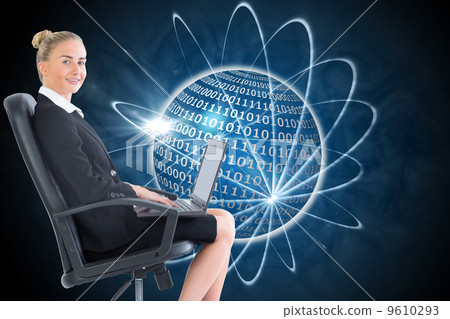 Composite image of businesswoman sitting on swivel chair with la Composite image of businesswoman sitting on swivel chair with la 9610293
