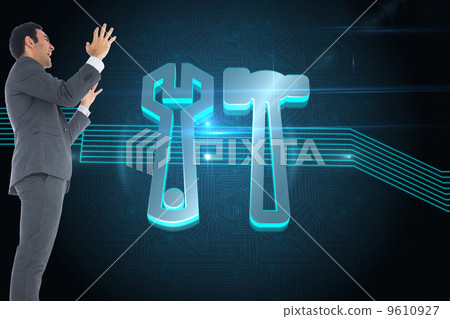 Composite image of stressed businessman with arms raised Composite image of stressed businessman with arms raised 9610927