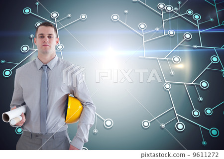 Composite image of architect carrying construction plans and hel 9611272