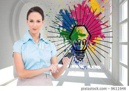 Composite image of serious classy businesswoman using calculator Composite image of serious classy businesswoman using calculator 9611946