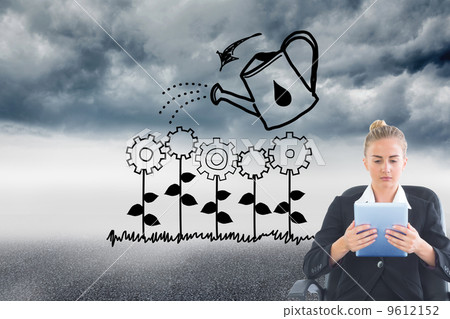 Composite image of front view of concentrated chic businesswoman Composite image of front view of concentrated chic businesswoman 9612152