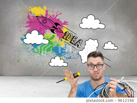 Composite image of portrait of confused it professional with scr 9612198