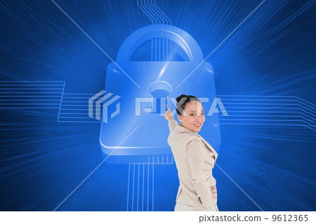 Composite image of smiling asian businesswoman pointing Composite image of smiling asian businesswoman pointing 9612365