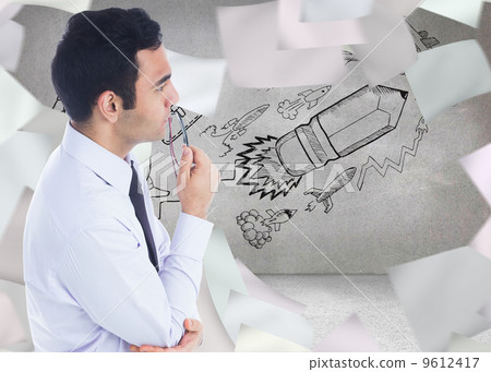 Composite image of unsmiling businessman holding glasses 9612417