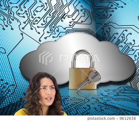 Composite image of serious casual young woman holding binoculars Composite image of serious casual young woman holding binoculars 9612638