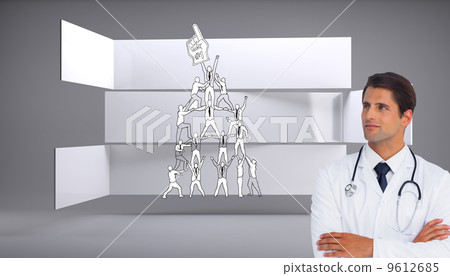 Composite image of confident doctor with arms crossed looking up 9612685