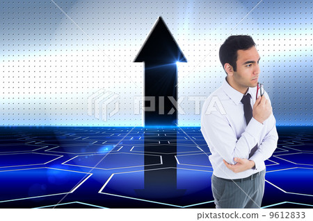 Composite image of unsmiling businessman holding glasses Composite image of unsmiling businessman holding glasses 9612833