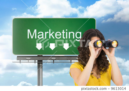 Composite image of casual young woman using binoculars 9613014