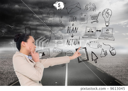 Composite image of thoughtful asian businesswoman pointing Composite image of thoughtful asian businesswoman pointing 9613045