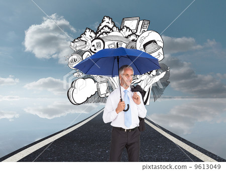 Composite image of happy businessman holding umbrella Composite image of happy businessman holding umbrella 9613049