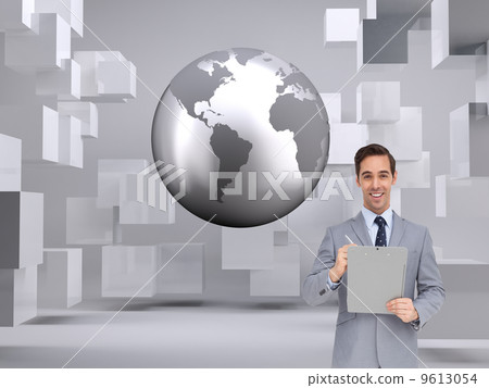 Composite image of happy businessman holding a clipboard Composite image of happy businessman holding a clipboard 9613054