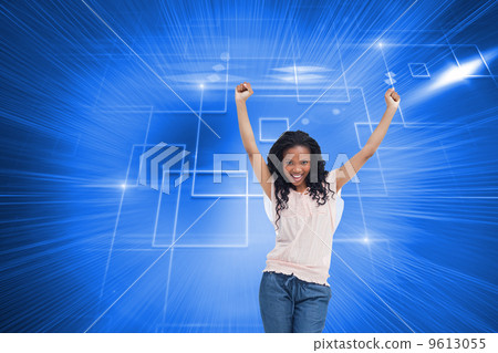 Composite image of a young happy woman stands with her hands in 9613055