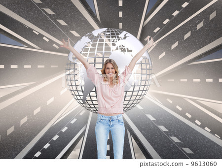 Composite image of full length shot of a smiling woman with her 9613060