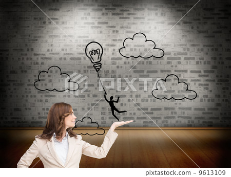 Composite image of smiling businesswoman raising her hand 9613109