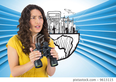 Composite image of serious casual young woman holding binoculars Composite image of serious casual young woman holding binoculars 9613115