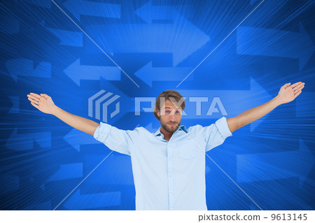 Composite image of handsome man raising hands 9613145