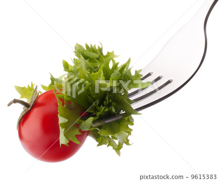 Fresh salad and cherry tomato on fork isolated on white backgrou 9615383