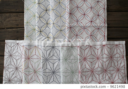 Colorful sashiko cloth with Shippo Tsunagi and hemp leaf pattern Colorful sashiko cloth with Shippo Tsunagi and hemp leaf pattern 9621498