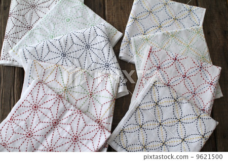 Colorful sashiko cloth with Shippo Tsunagi and hemp leaf pattern Colorful sashiko cloth with Shippo Tsunagi and hemp leaf pattern 9621500