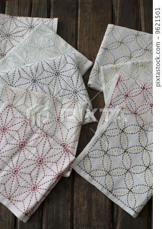 Colorful sashiko cloth with Shippo Tsunagi and hemp leaf pattern Colorful sashiko cloth with Shippo Tsunagi and hemp leaf pattern 9621501