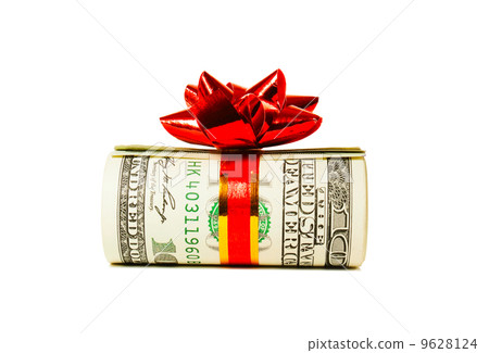 A wad of US one hundred dollar bills tied up with red ribbon 9628124