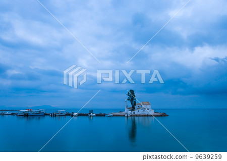 Sunset scene of Vlacherna monastery, Kanoni, Corfu 9639259