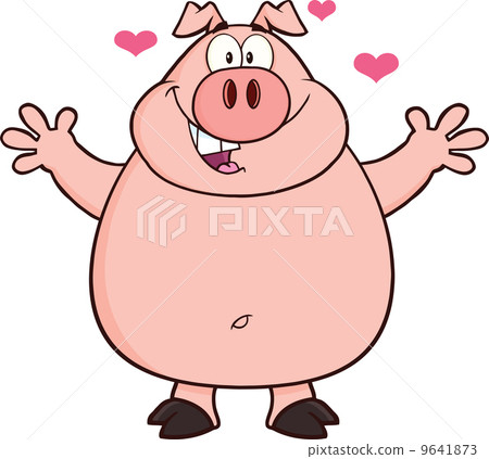 Happy Pig Cartoon Mascot Character Open Arms And Hearts Happy Pig Cartoon Mascot Character Open Arms And Hearts 9641873