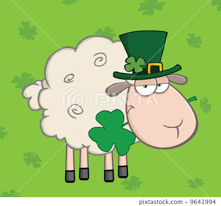 Irish Sheep Carrying A Clover In Its Mouth On A Green Background Irish Sheep Carrying A Clover In Its Mouth On A Green Background 9641994