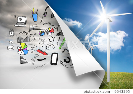 Sky background with graphics over turbine background 9643395