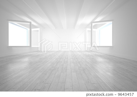 Bright white room with opened windows 9643457
