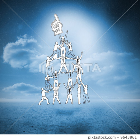 Pyramid of figures over blue countryside 9643961