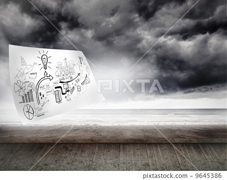 Sheet with graphics over sky on wall Sheet with graphics over sky on wall 9645386