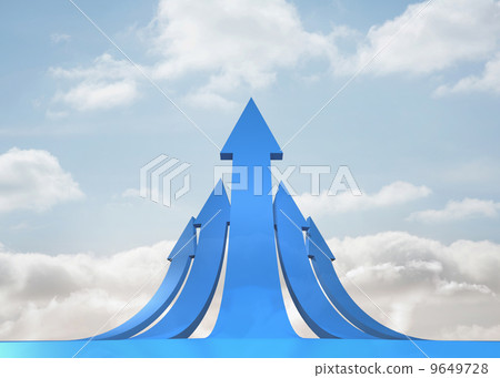 Blue curved arrows pointing against sky 9649728