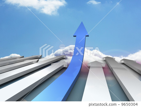 Blue and grey arrows pointing against sky 9650304