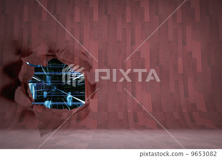 Rip on wall showing technology interface 9653082