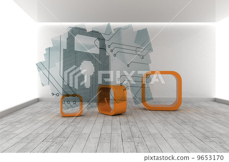 Abstract screen in room showing circuit board and lock 9653170