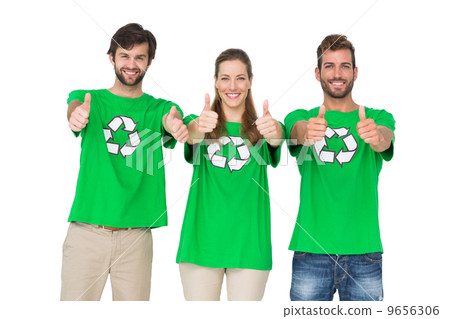 People in recycling symbol t-shirts gesturing thumbs up 9656306
