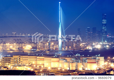 gas container and bridge at night gas container and bridge at night 9660079