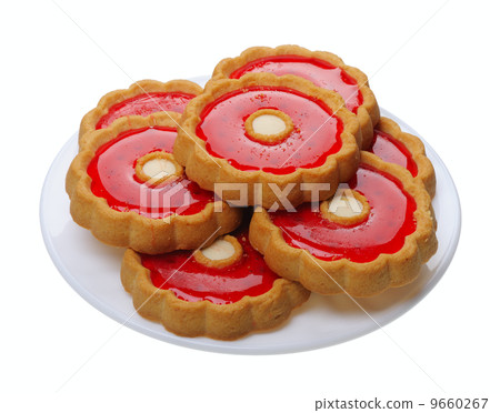 Cookies with red jelly on white plate, isolated Cookies with red jelly on white plate, isolated 9660267