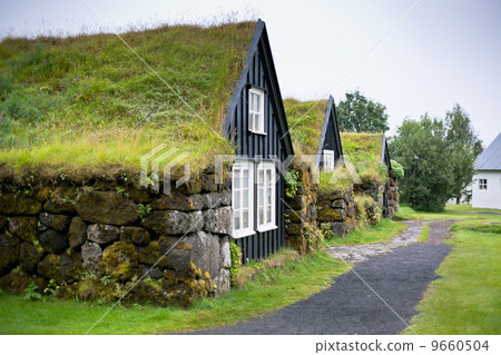 Overgrown Typical Rural Icelandic house at overcast day Overgrown Typical Rural Icelandic house at overcast day 9660504