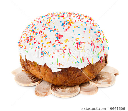 Easter cake with glace icing on white background 9661606