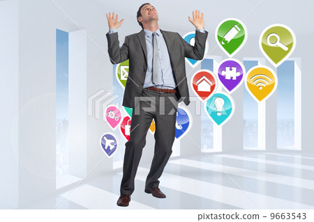 Composite image of businessman posing with arms raised Composite image of businessman posing with arms raised 9663543
