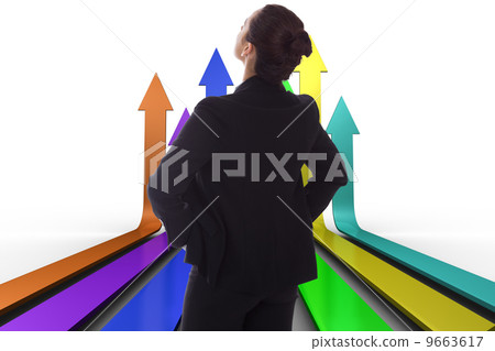 Composite image of businesswoman with hands on hips 9663617