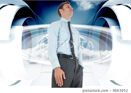Composite image of serious businessman standing with hand in poc Composite image of serious businessman standing with hand in poc 9663952