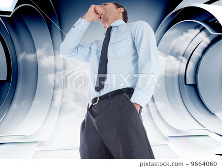 Composite image of thoughtful businessman with hand on chin 9664060