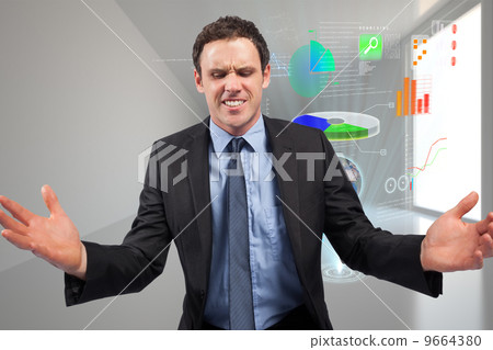 Composite image of businessman posing with arms out 9664380