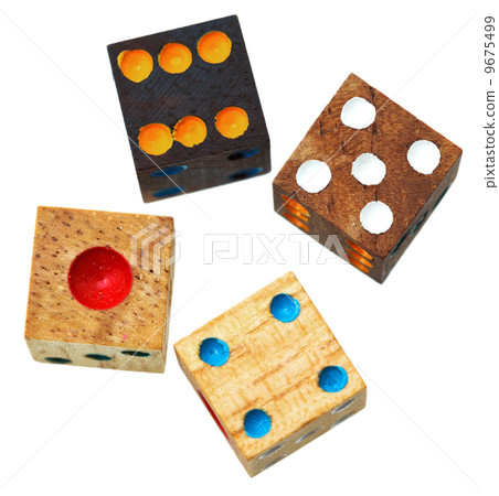 four wooden gambling dices close up isolated 9675499